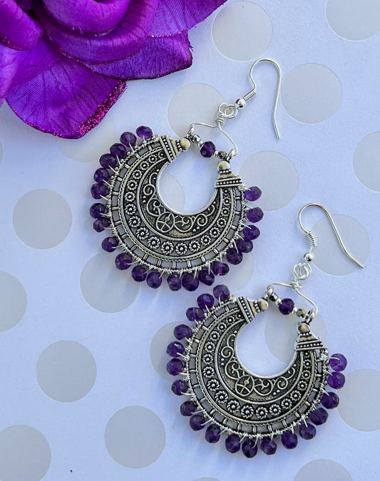 Earrings partywear long Chandelier statement plated Silver Purple Amethyst