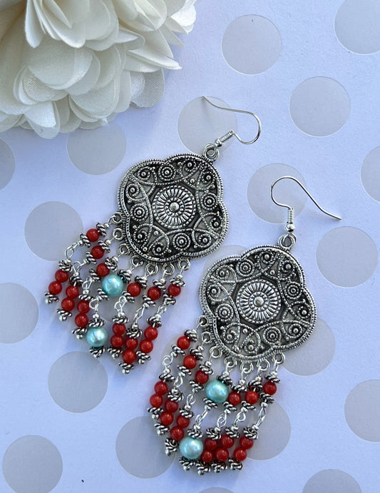 Earrings long Pearl Coral Chandelier plated gemstone Silver Blue Red