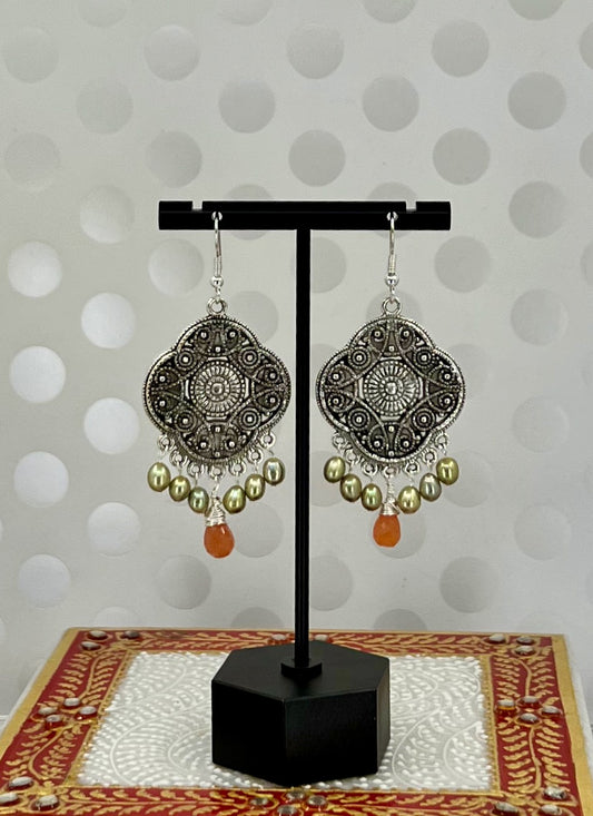 partywear statement long Chandelier gemstone Pearl moonstone Orange peach Green Silver Earrings