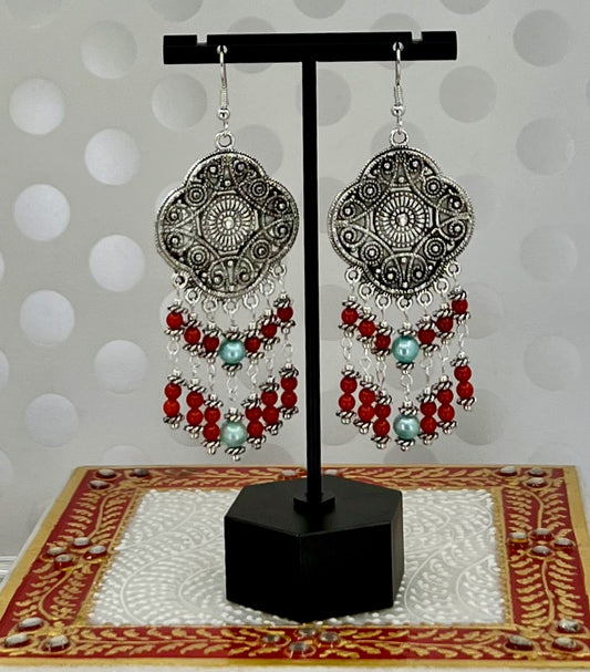 Earrings long Pearl Coral Chandelier plated gemstone Silver Blue Red