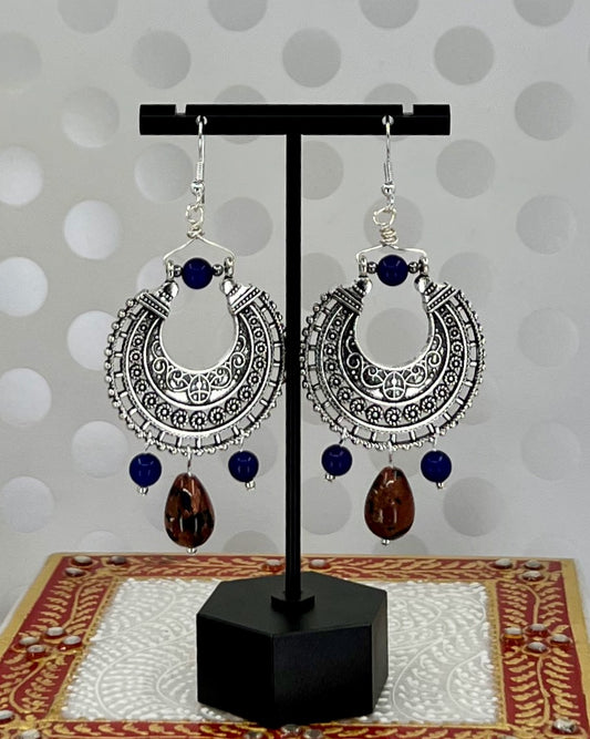Silver quartz plated long goldstone gemstone Earrings Chandelier brown Blue