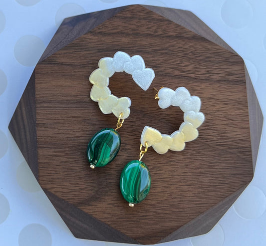Earrings medium dangle gemstone malachite clay plated Gold Green White