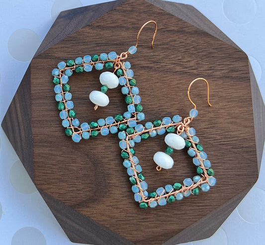 Green long Chandelier copper chalcedony Blue White gemstone Earrings