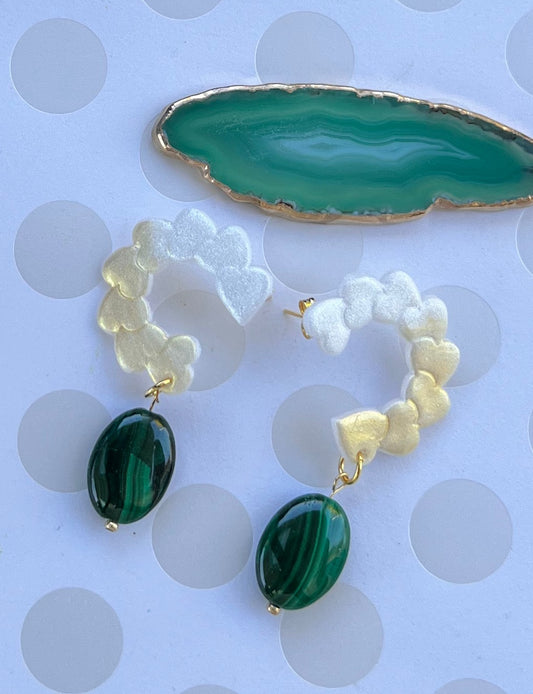 Earrings medium dangle gemstone malachite clay plated Gold Green White