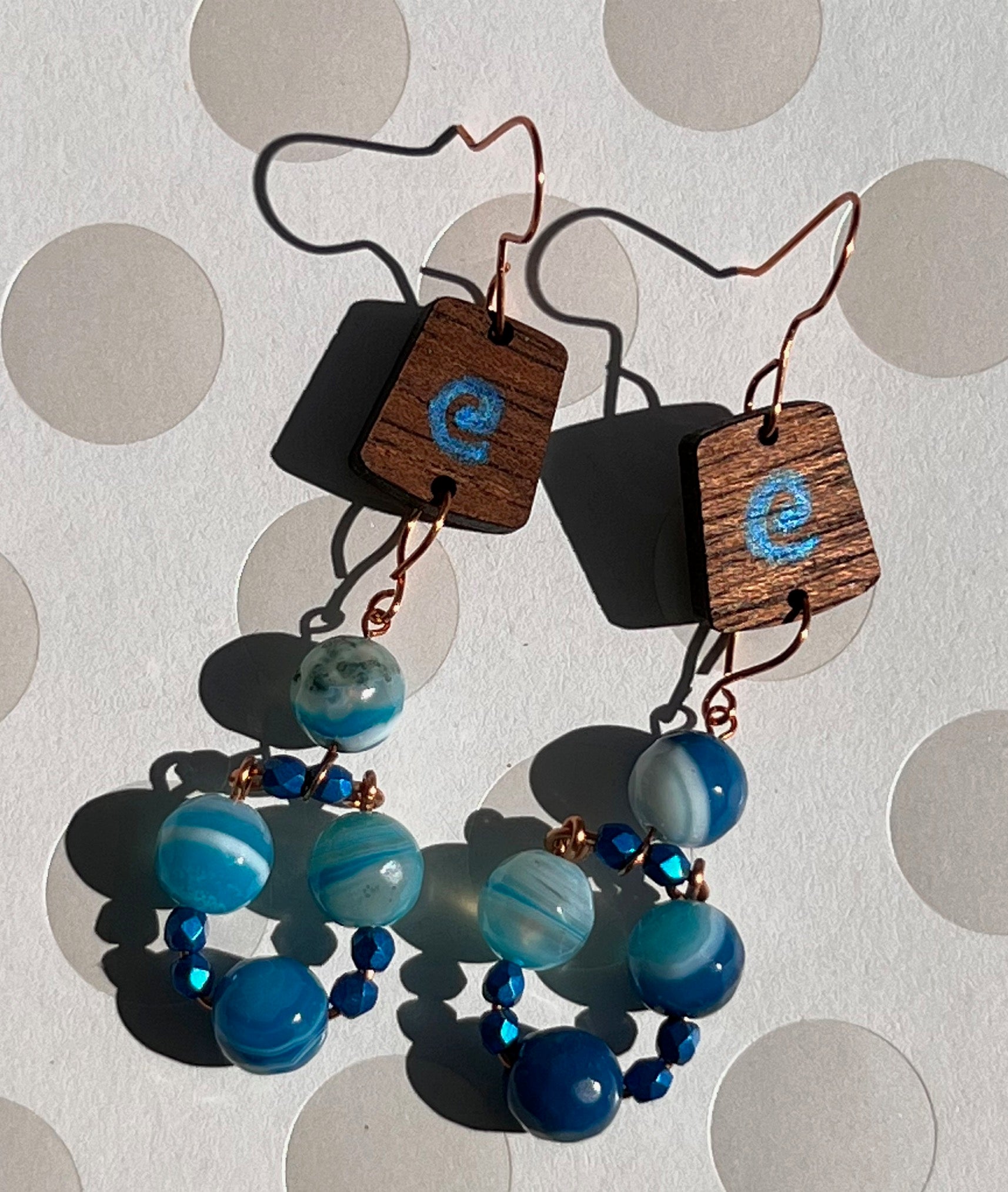 Blue  czech glass  long  agate  gemstone  Earrings  dangle  copper  brown