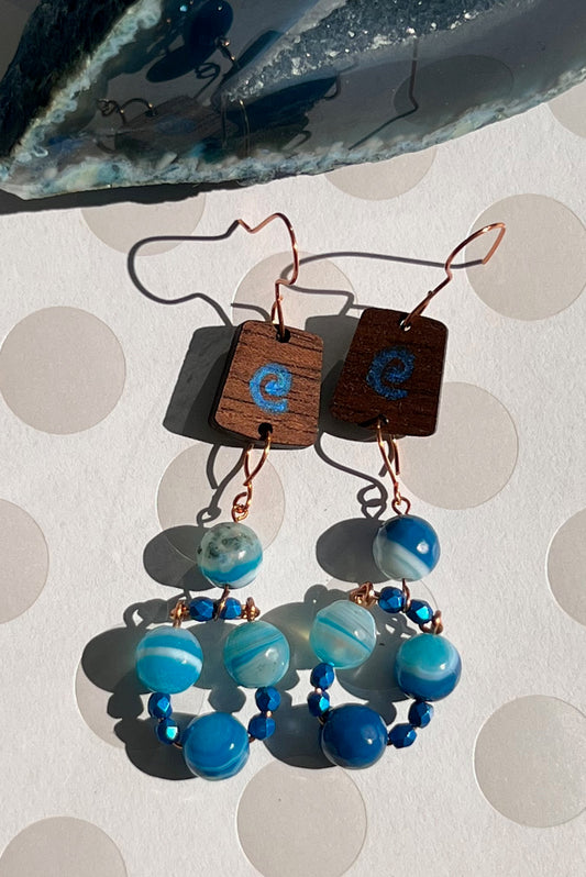 Blue czech glass long agate gemstone Earrings dangle copper brown