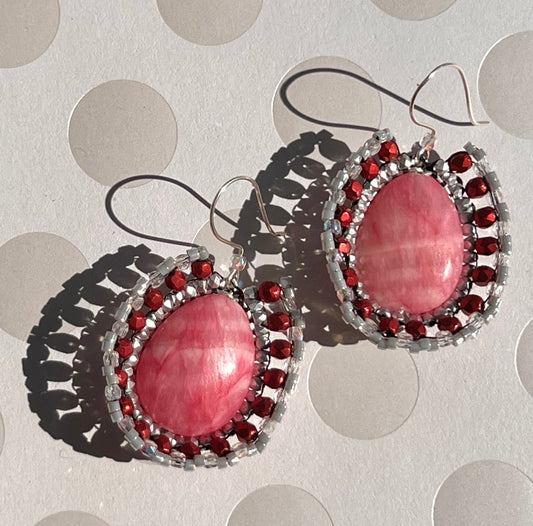 statement dangle medium czech glass Red Pink Rhodochrosite Silver gemstone Earrings