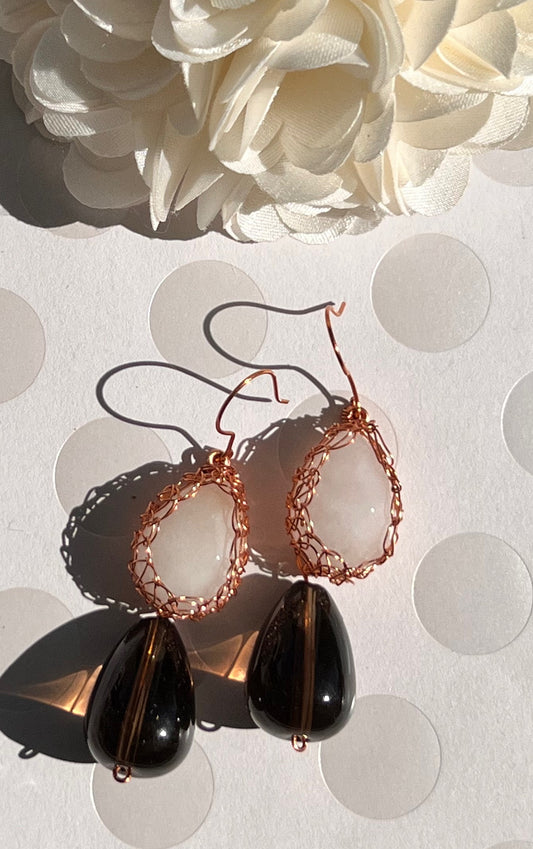 long jade copper brown White smoky quartz medium gemstone Earrings dangle