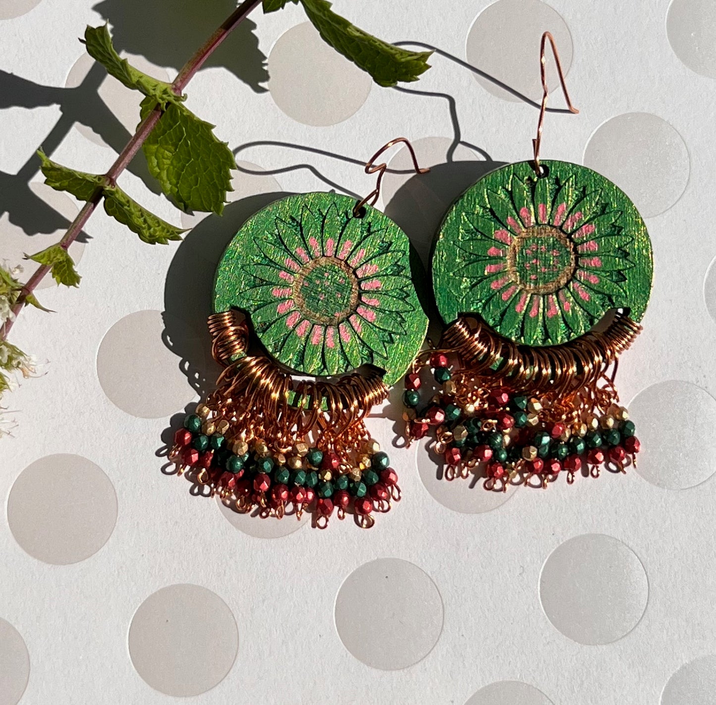 Gold  Red  Green  boho  long  lightweight  glass  fashion  Everyday  Earrings  copper  Chandelier