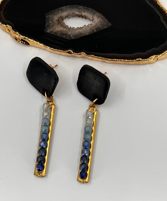 ombre Blue stick Brass plated medium lightweight Gold Earrings clay Black