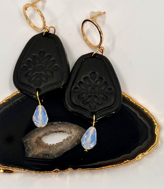 swarovski White plated medium lightweight Gold Earrings clay Blue Black