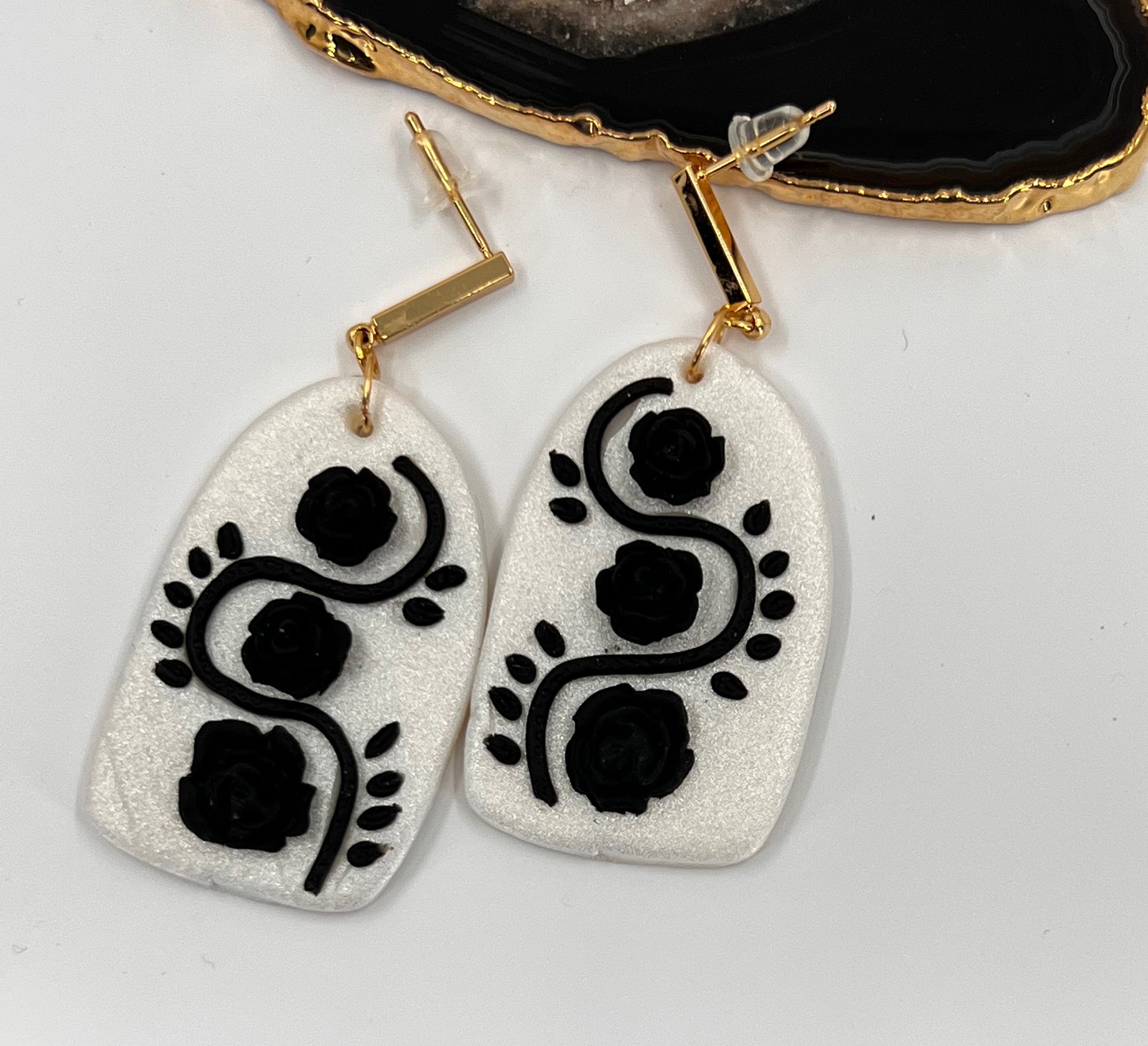 White  plated  medium  lightweight  Gold  Earrings  clay  Black