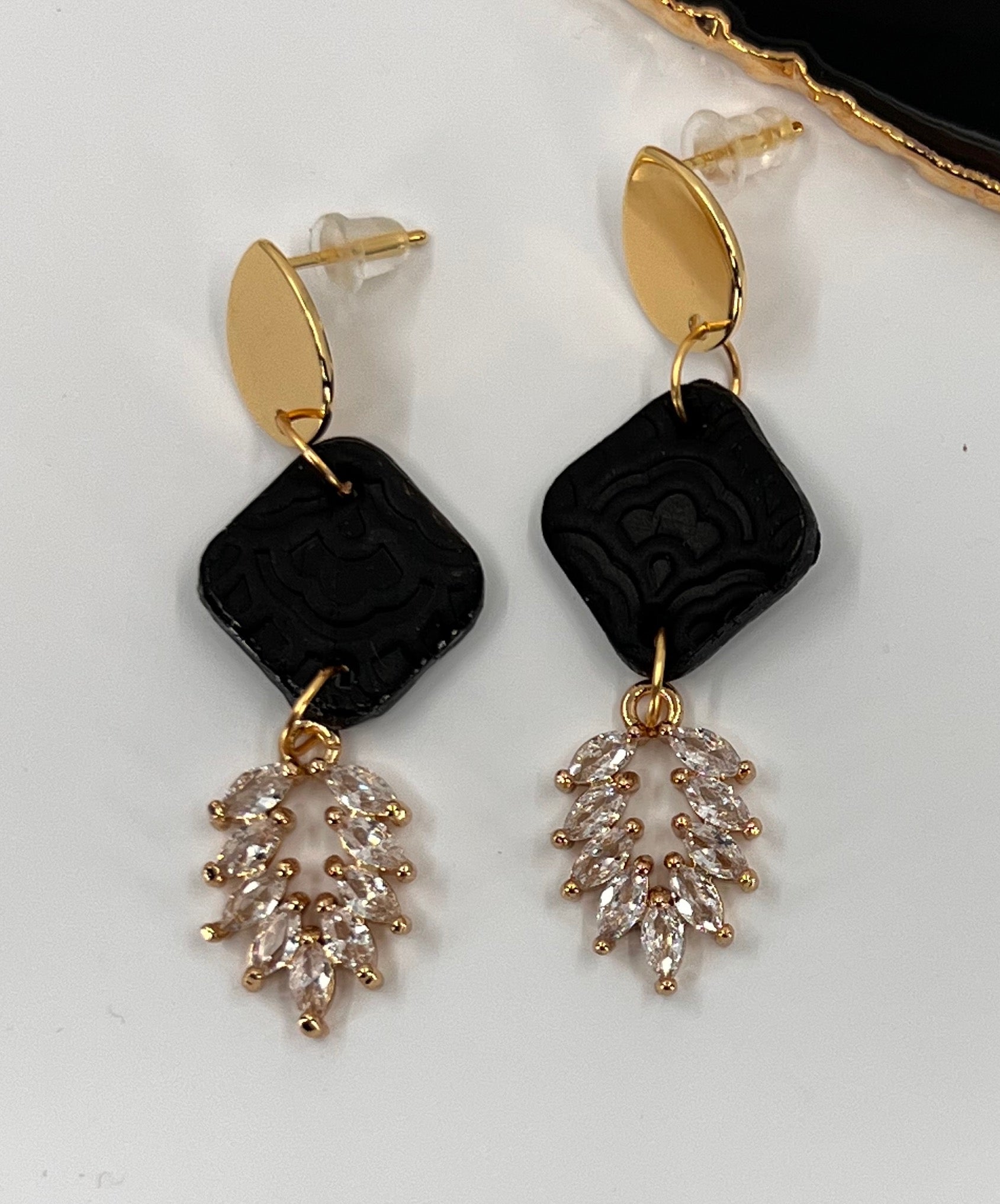 cubic zirconium  plated  medium  lightweight  Gold  Earrings  clay  Black