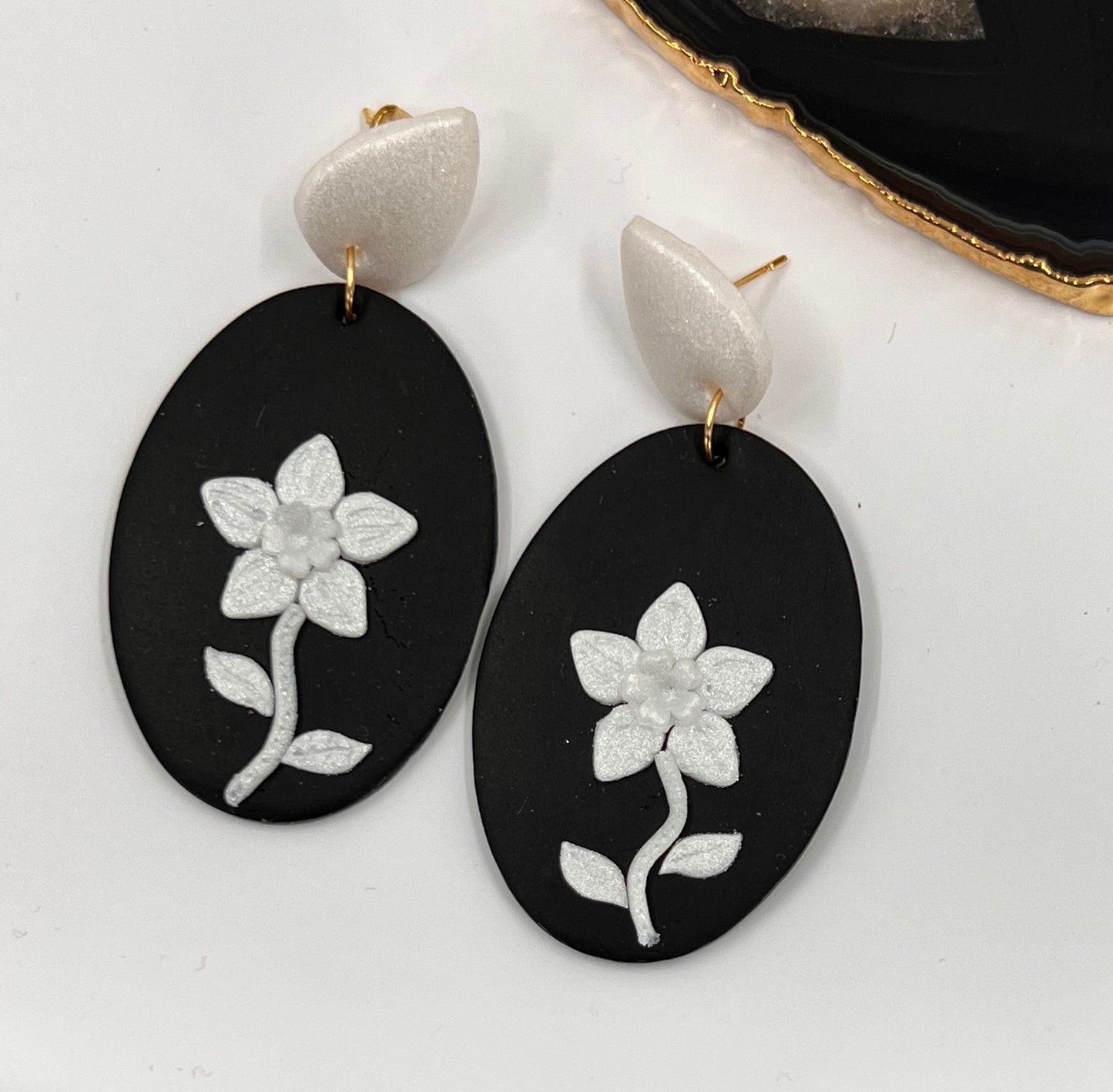 White  plated  medium  lightweight  Gold  Earrings  clay  Black