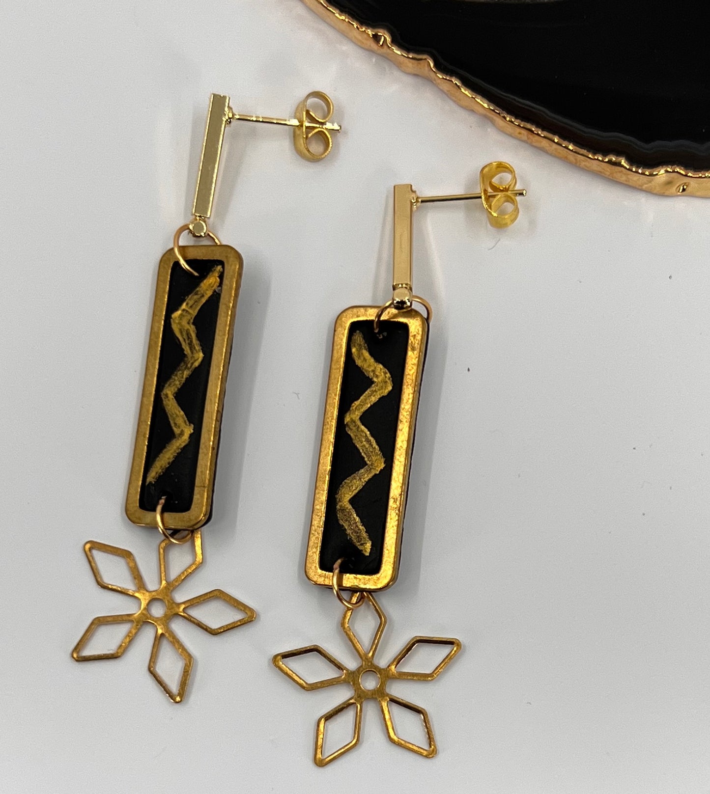 long  Gold  lightweight  fashion  Everyday  Earrings  clay  Brass  Black