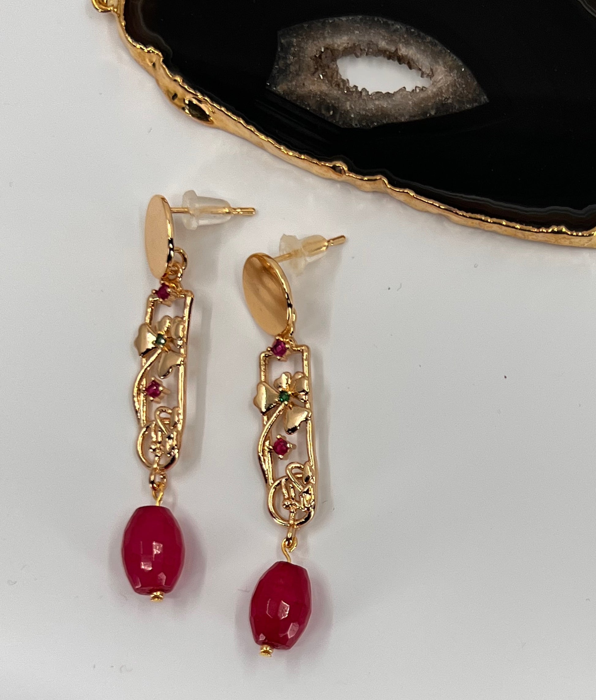 gemstone  jade  Red  Gold Filled  short  medium  lightweight  Gold  Earrings  cubic zirconium