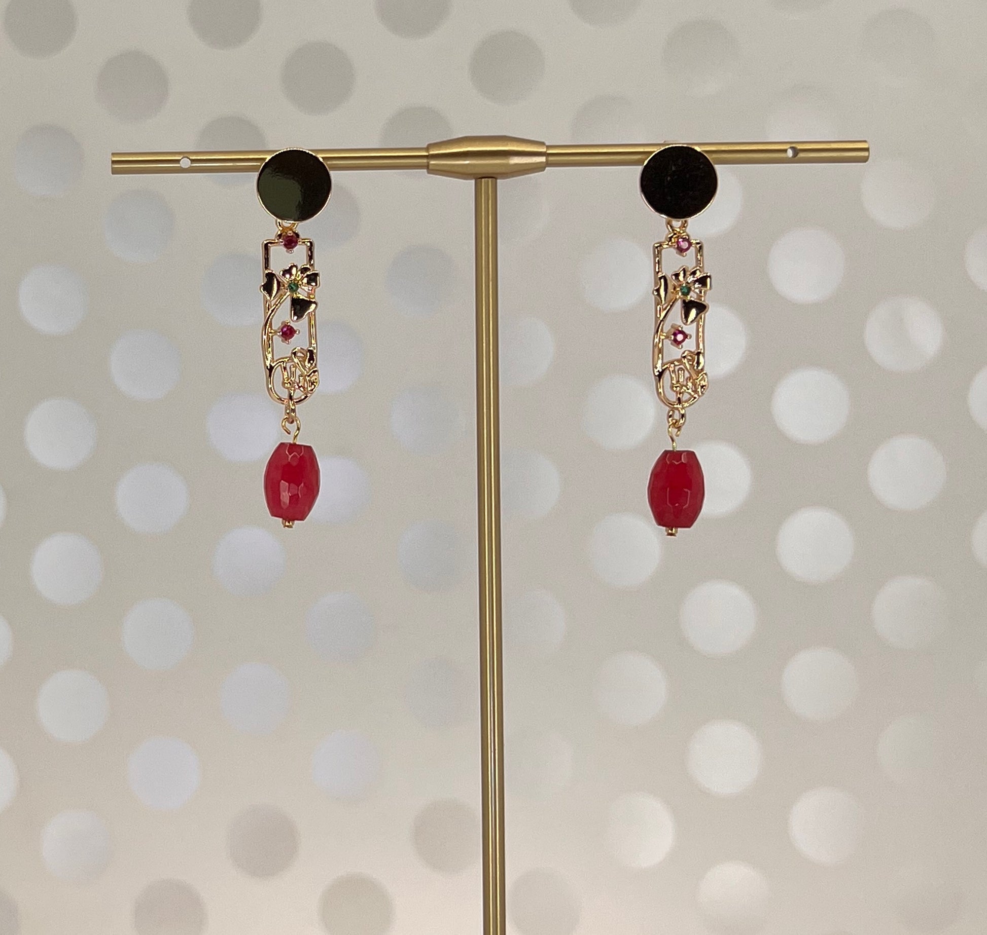 gemstone  jade  Red  Gold Filled  short  medium  lightweight  Gold  Earrings  cubic zirconium