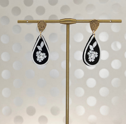 lightweight teardrop Black White plated medium Gold Earrings dangle clay