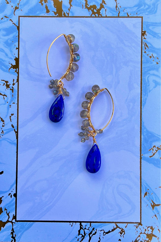 lapis lazuli labradorite grey dangle Semiprecious medium Gold Filled Gold gemstone Earrings Blue