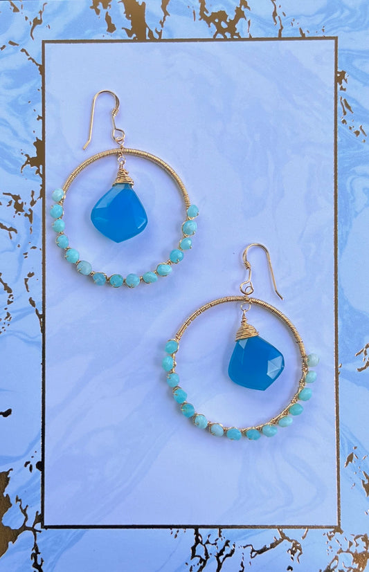 chalcedony amazonite Chandelier medium Semiprecious labradorite Gold Filled Gold gemstone Earrings Blue