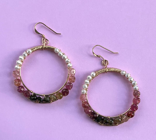 Multi-colored multicolored White Pearl Tourmaline Chandelier medium Semiprecious Gold Filled Gold gemstone Earrings