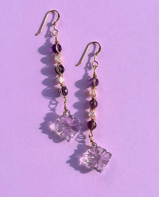 mother of pearl Amethyst Purple Pink long Semiprecious Gold Filled Gold gemstone Earrings dangle