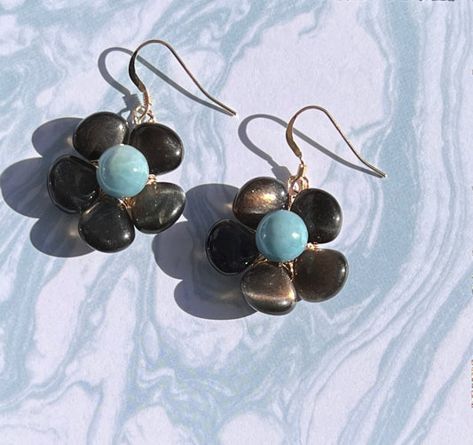 Larimar moonstone coffee Black Semiprecious medium Gold Filled Gold gemstone Earrings dangle Blue