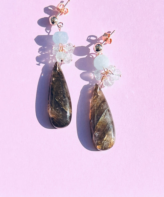 Blue grey aquamarine labradorite dangle Semiprecious medium Gold Filled Gold gemstone Earrings