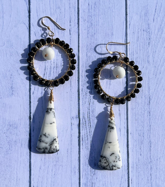 White Black jade dendrite Black Spinel Semiprecious long Gold Filled Gold gemstone Earrings dangle