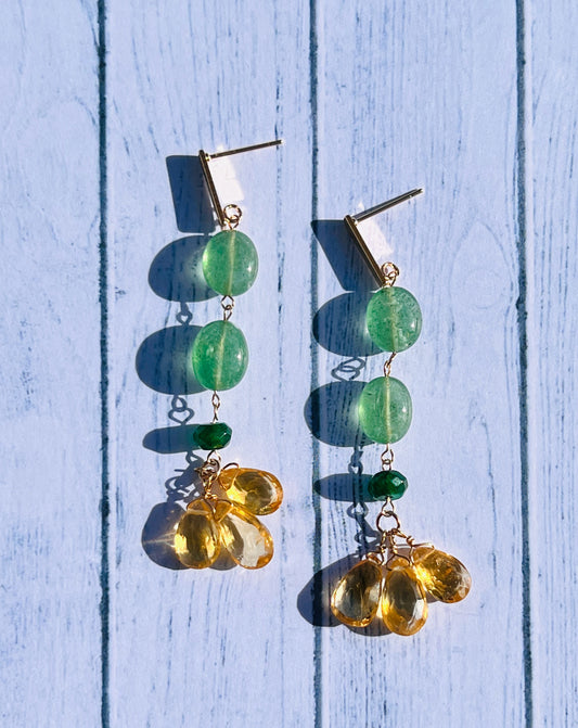 citrine long Green yellow Semiprecious quartz Gold Filled Gold gemstone Earrings dangle
