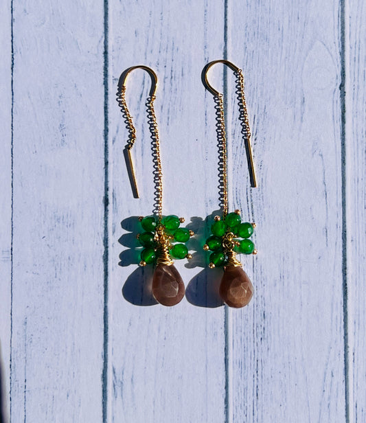 chocolate Green long Semiprecious moonstone Gold Filled Gold gemstone Earrings dangle coffee
