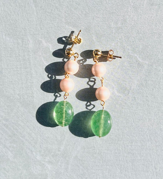 Pearl quartz Green Pink Semiprecious medium Gold Filled Gold gemstone Earrings dangle