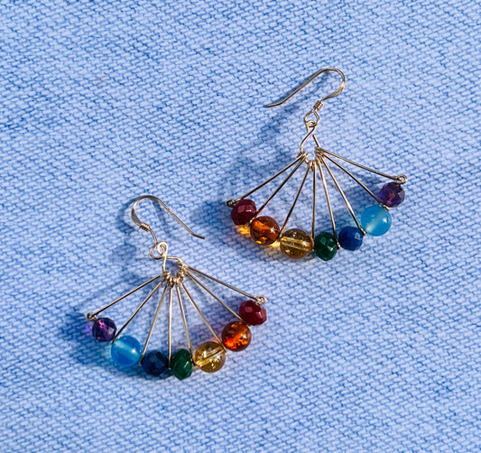 Multi-colored multicolored Red Orange yellow Green Blue indigo Purple rainbow medium Semiprecious Gold Filled Gold gemstone Earrings dangle