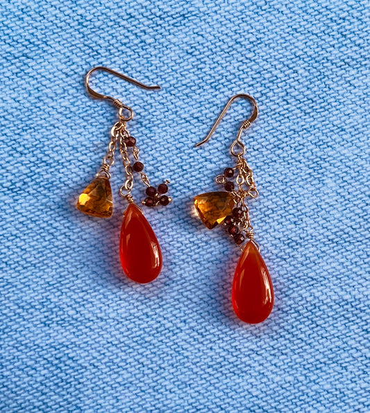 yellow quartz Orange carnelian dangle Semiprecious medium Gold Filled Gold gemstone Earrings