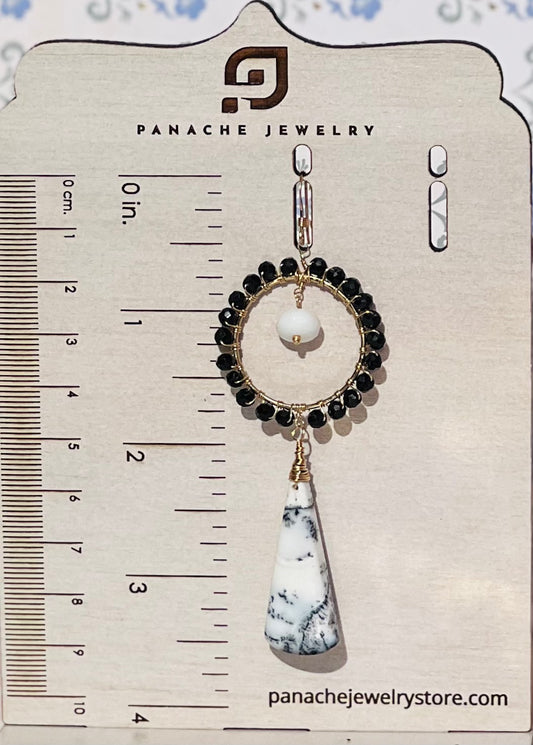 White Black jade dendrite Black Spinel Semiprecious long Gold Filled Gold gemstone Earrings dangle