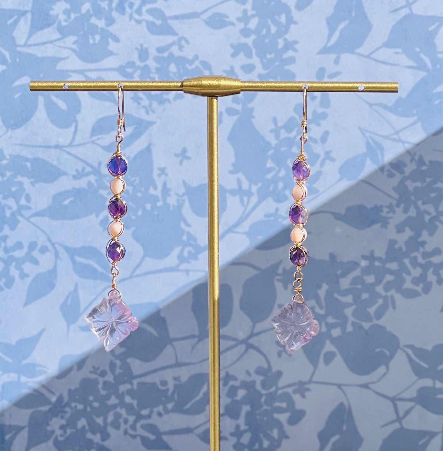 mother of pearl  Amethyst  Purple  Pink  long  Semiprecious  Gold Filled  Gold  gemstone  Earrings  dangle