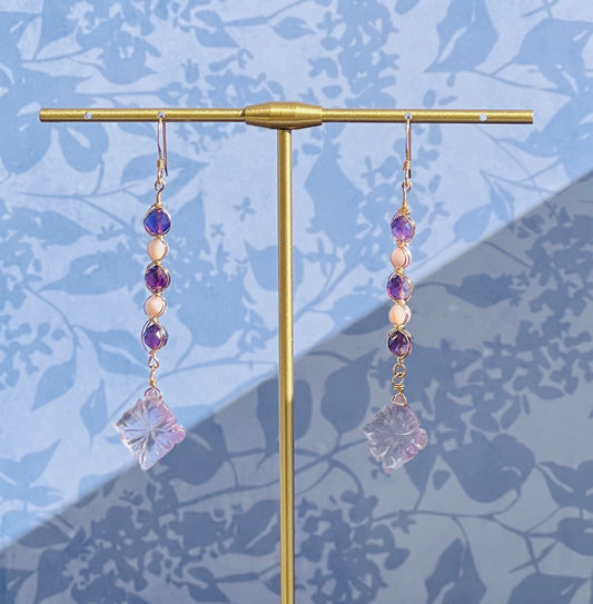 mother of pearl Amethyst Purple Pink long Semiprecious Gold Filled Gold gemstone Earrings dangle
