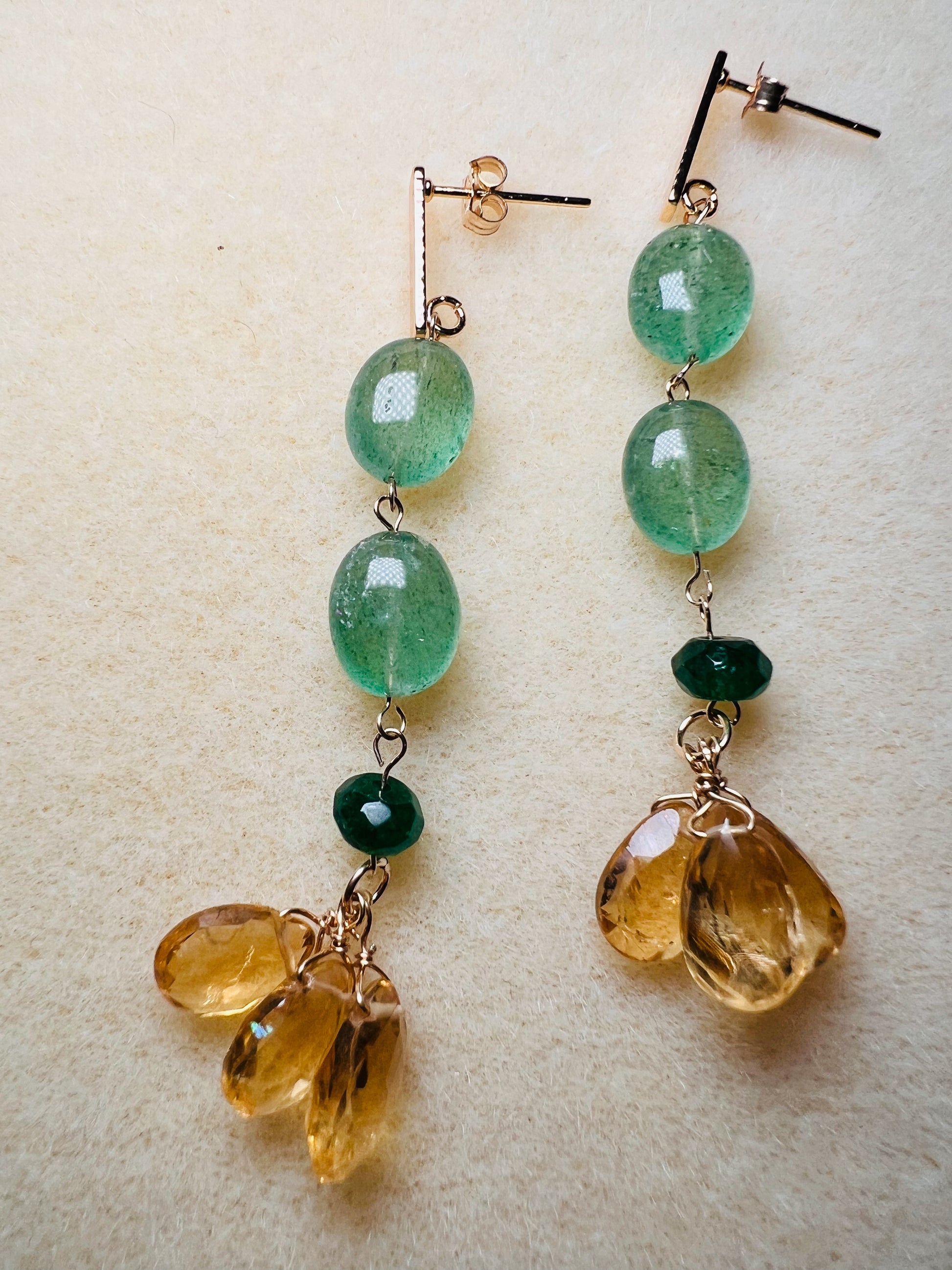 citrine  long  Green  yellow  Semiprecious  quartz  Gold Filled  Gold  gemstone  Earrings  dangle