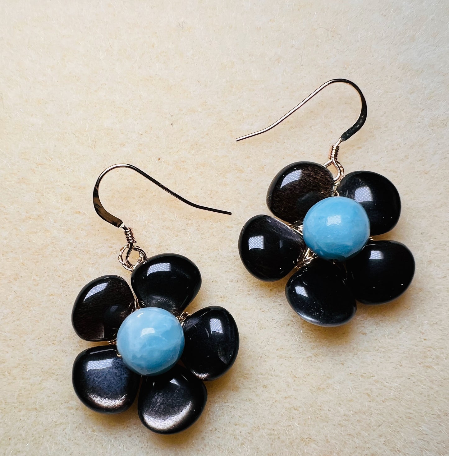 Black Moonstone and Larimar Gold Filled Earrings