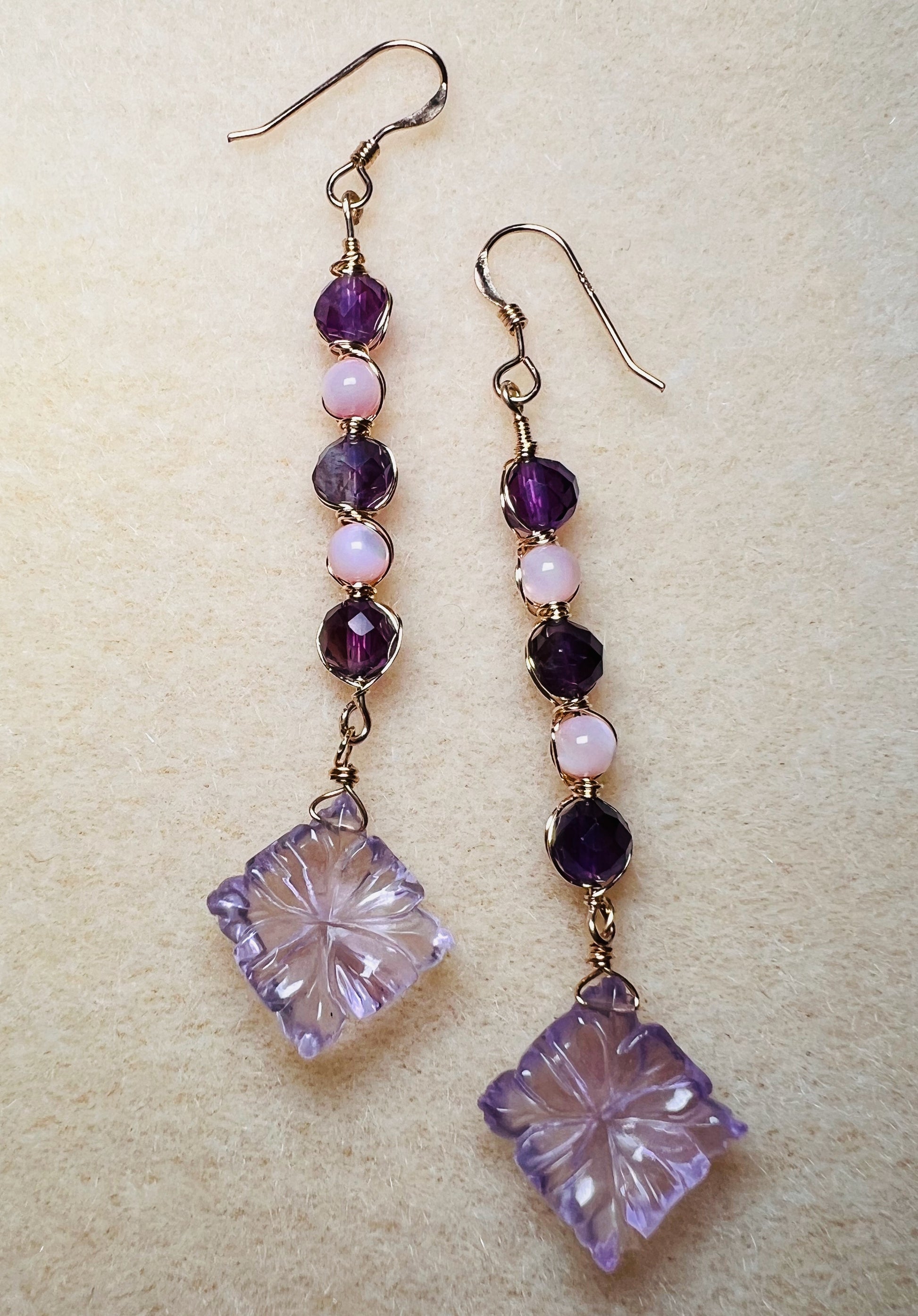 mother of pearl  Amethyst  Purple  Pink  long  Semiprecious  Gold Filled  Gold  gemstone  Earrings  dangle