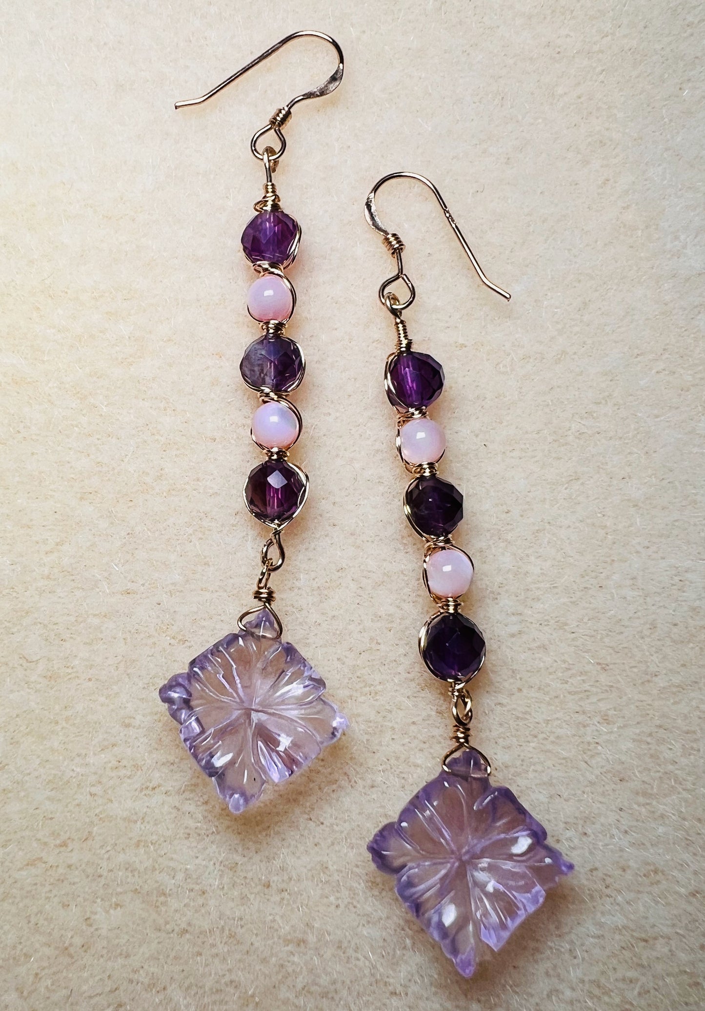 Carved Amethyst and Mother of Pearl Gold Filled Earrings