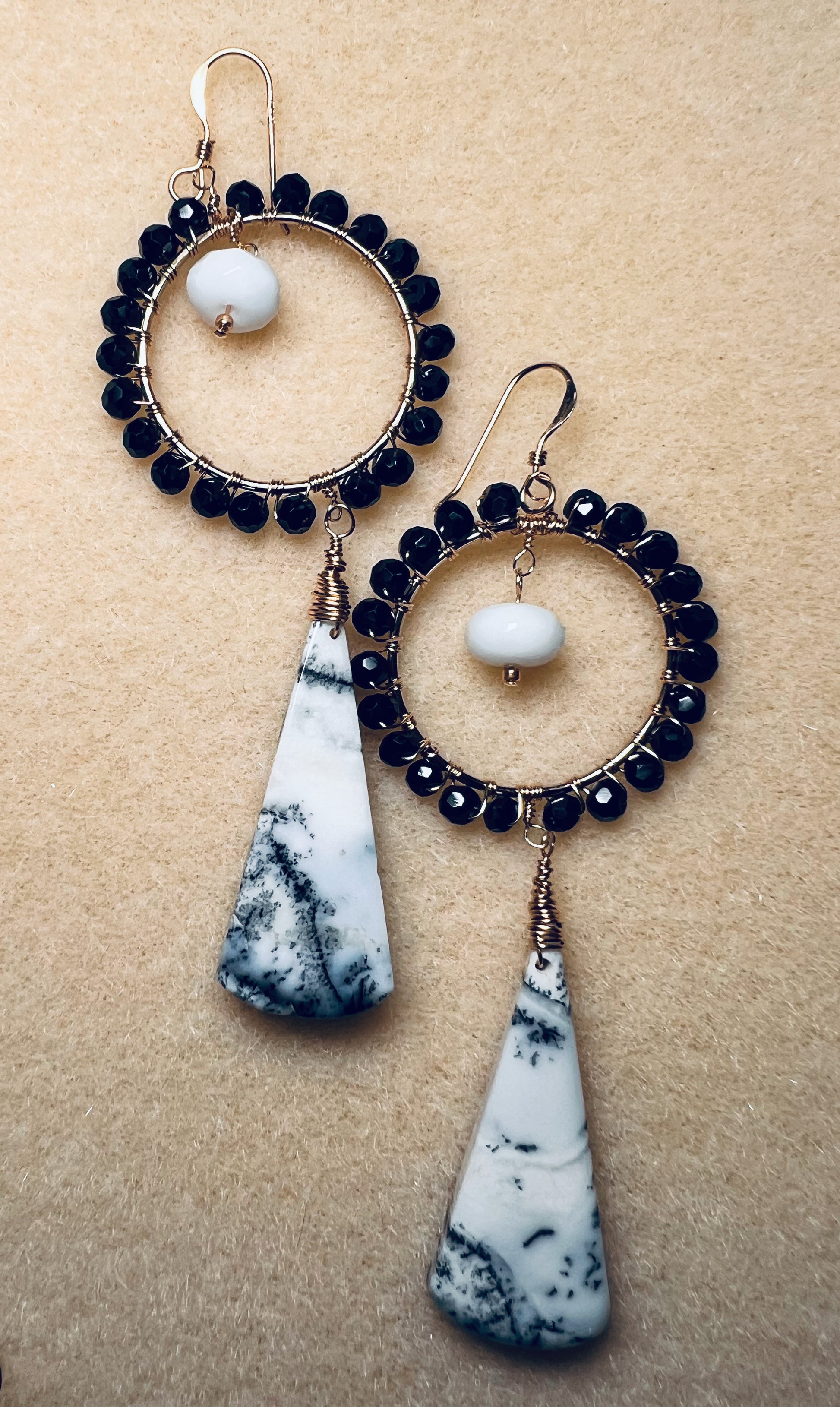 White  Black  jade  dendrite  Black Spinel  Semiprecious  long  Gold Filled  Gold  gemstone  Earrings  dangle