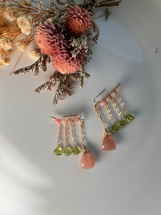 moonstone peridot climber peach Green Semiprecious medium Gold Filled Gold gemstone Earrings