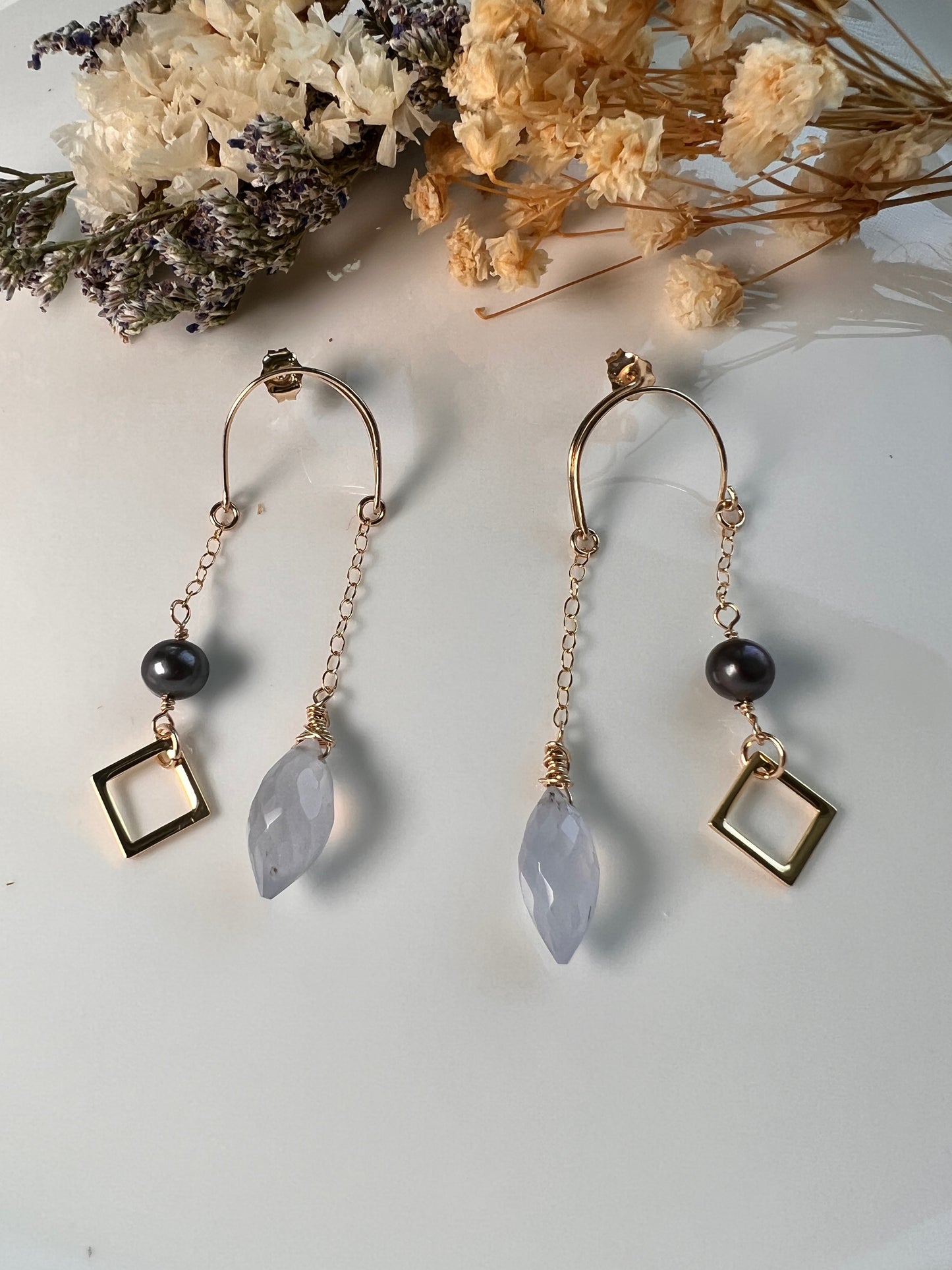 Pearl  black pearl  Black  drop  Semiprecious  medium  Gold Filled  Gold  gemstone  Earrings  chalcedony  Blue