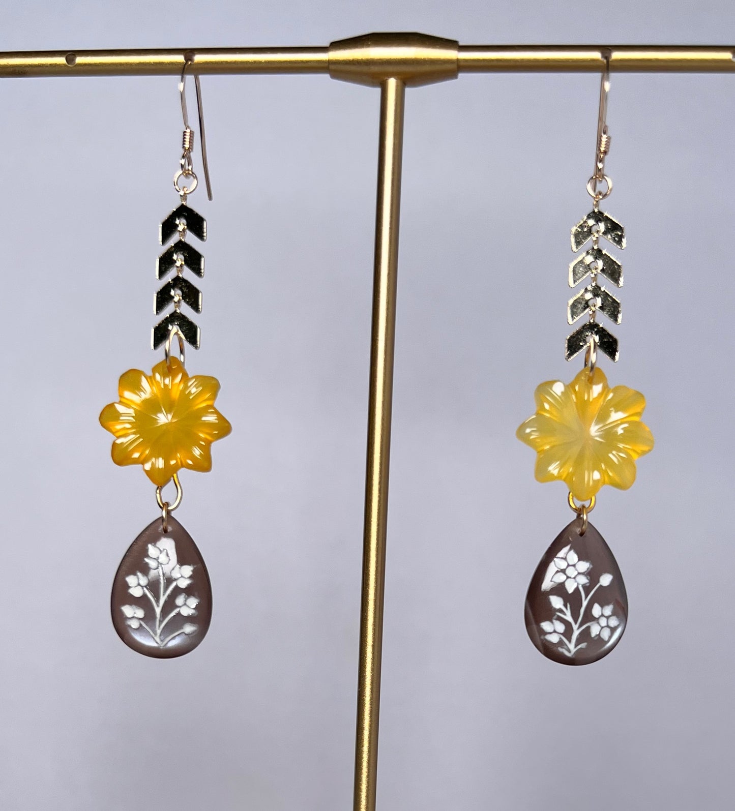 yellow  mother of pearl  citrine  drop  long  Semiprecious  Gold Filled  Gold  gemstone  Earrings