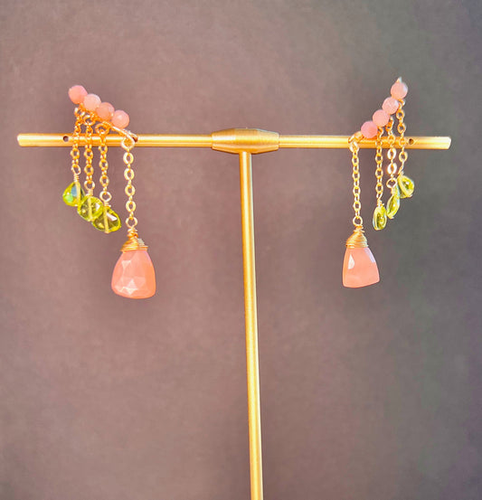 moonstone peridot climber peach Green Semiprecious medium Gold Filled Gold gemstone Earrings
