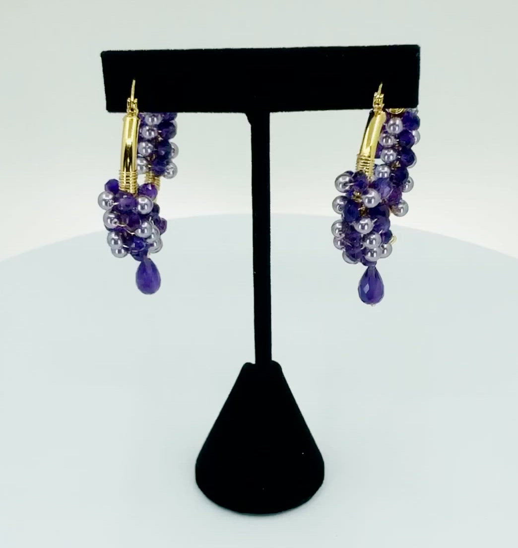 Gold  Vermeil  hoop  statement  fashion  Earrings  Purple  Pearl  Amethyst