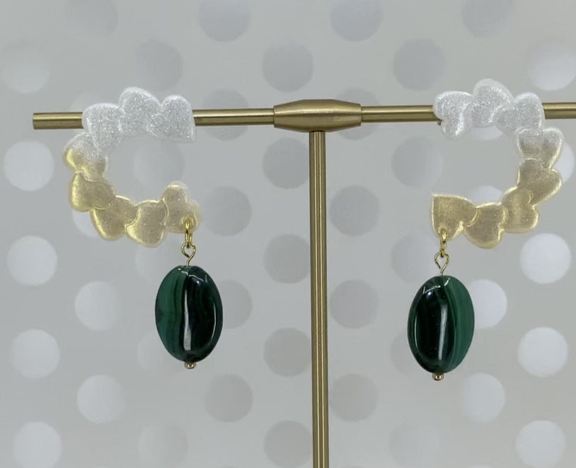 Earrings  medium  dangle  gemstone  malachite  clay  plated  Gold  Green  White