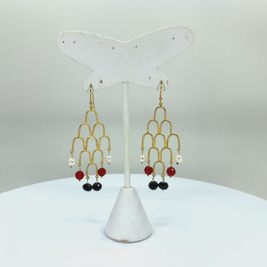 Vermeil  Red Coral White Pearl Black  Spinel Earrings