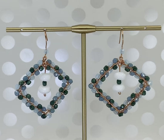 Green  long  Chandelier  copper  chalcedony  Blue  White  gemstone  Earrings